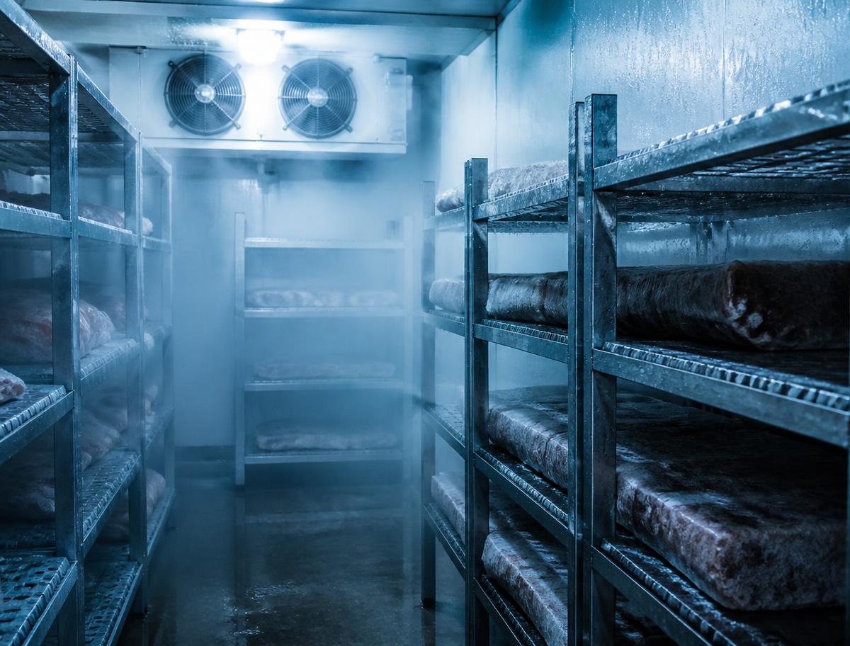 Cold storage room interior with refrigeration equipment