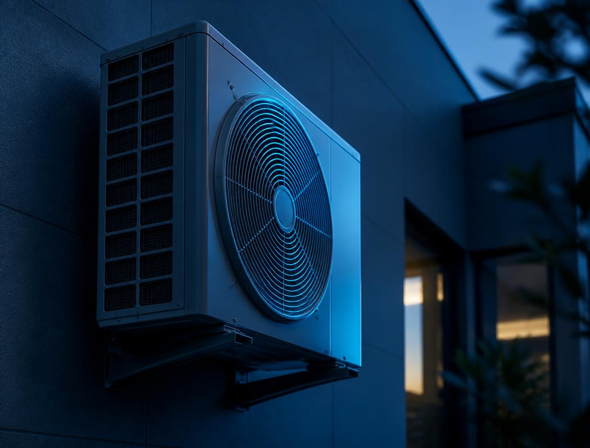 Outdoor air conditioning condenser unit installed against a wall